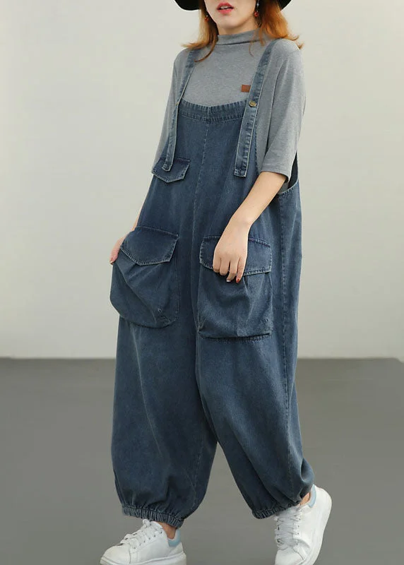 Plus Size Blue pockets Cotton denim Jumpsuit Spring Latest Trends