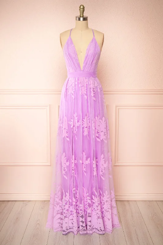 Kailania Lavender | Plunging Neckline Mesh Maxi Gown Feminine Soft - Hued Look