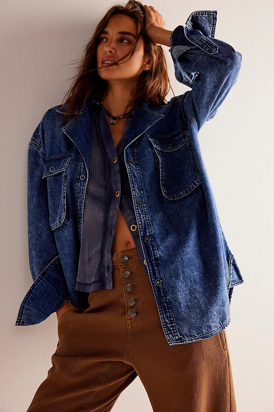 Free People We The Free Izzie Cargo Denim Shirt- Vintage Indigo Wash Comfort Centric Apparel