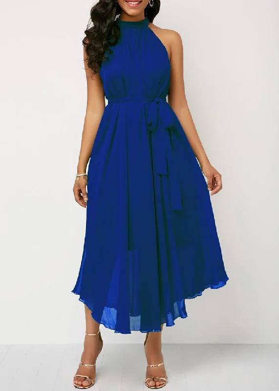 Halter Neck Strapless Chiffon Pleated Loose Off Shoulder Midi Dress Limited Stock, Big Discounts