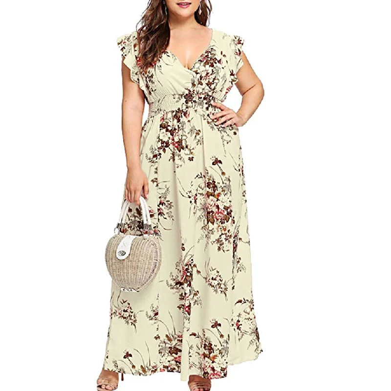 Plus Size V Neck Floral Print Boho Sleeveless Dress Flash Sale Fever