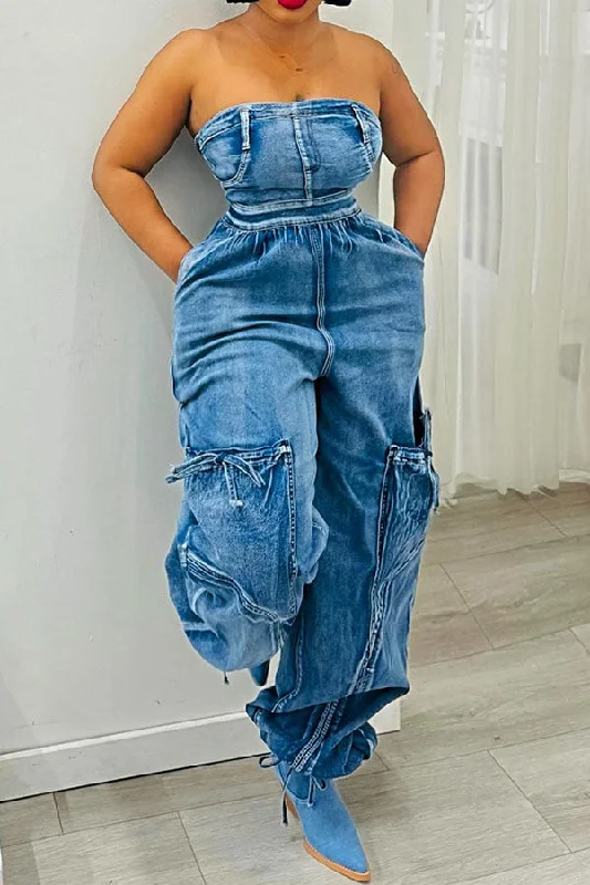 Blue Denim Strapless Hippy Pocket Drawstring Jumpsuit Vintage Retro Party Wear