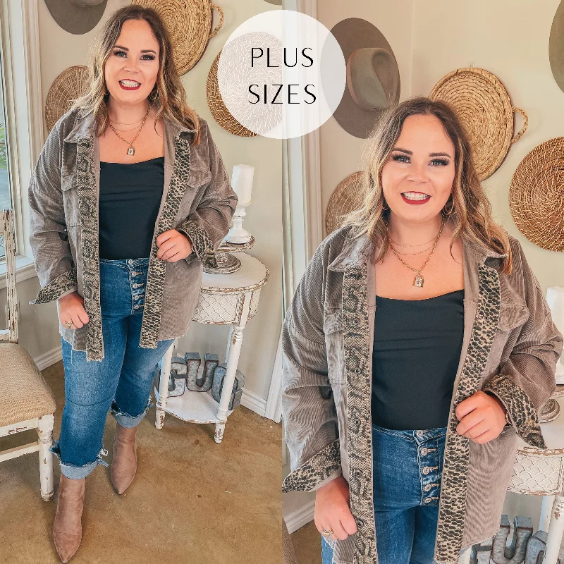 Plus Sizes | Deer Valley Resort Corduroy Shacket with Animal Print Trim in Stone Grey Pastel Styles