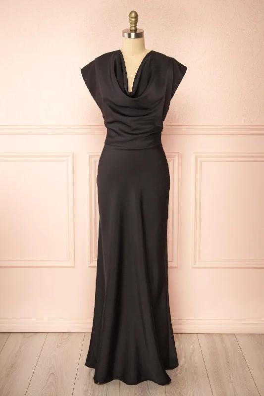 Korpa Black | Satin Maxi Dress w/ Cowl Neck Seize Bargains