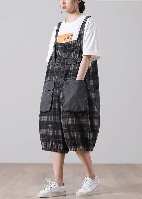 Plus Size Black Plaid Jeans Jumpsuit Shorts Cotton Ethnic Cultural Event Wear