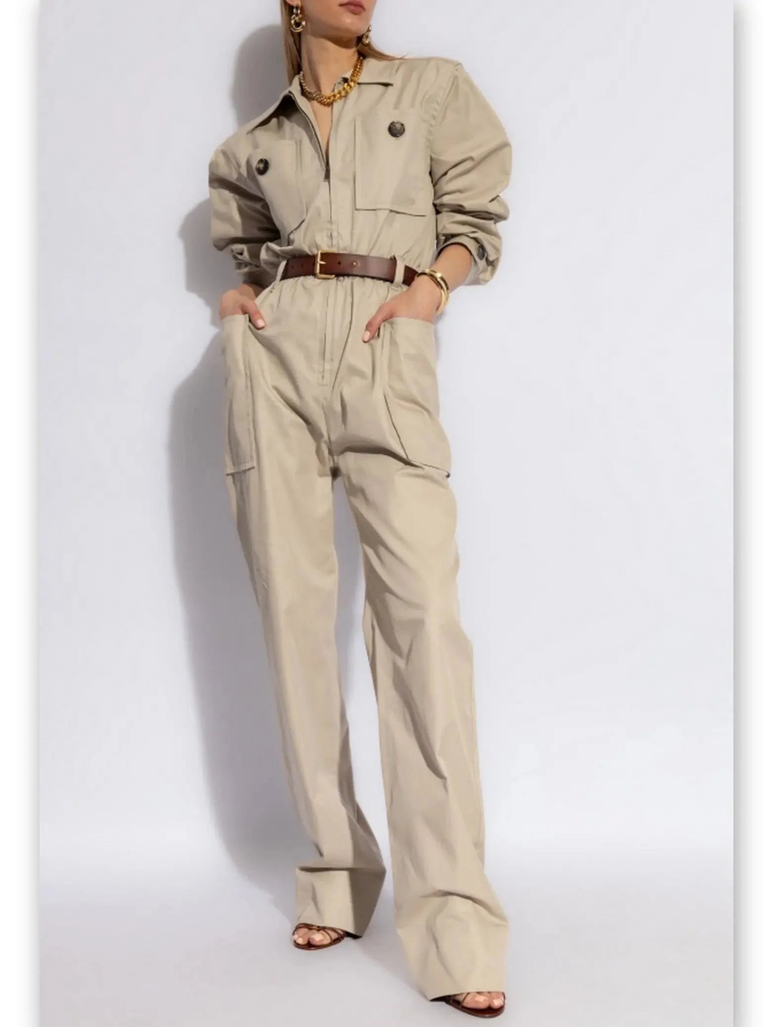 Belted Beige Cotton Cargo Jumpsuit Versatile Wardrobe Essentials