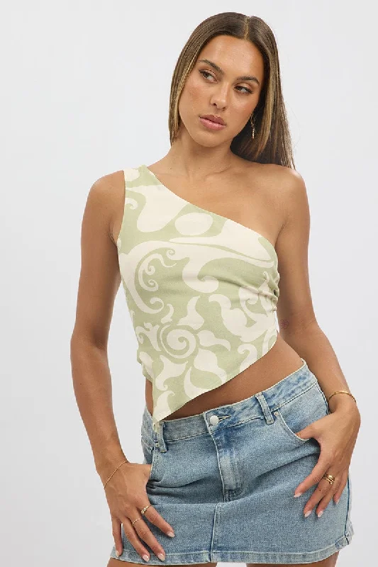 Green Abstract Scarf Top One Shoulder Tie Back Trendy Pulse