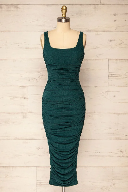 Fecho Green | Fitted Ruched Midi Dress Elevated Style