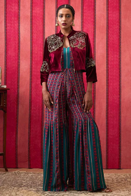 Maroon & Teal Green Qala Jumpsuit with Embroidered Jacket Stylish Statements