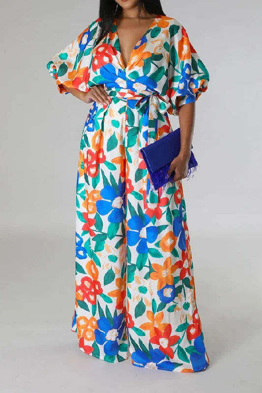 Colorful Floral Print Belted Wide Leg Jumpsuit Fashion Essentials