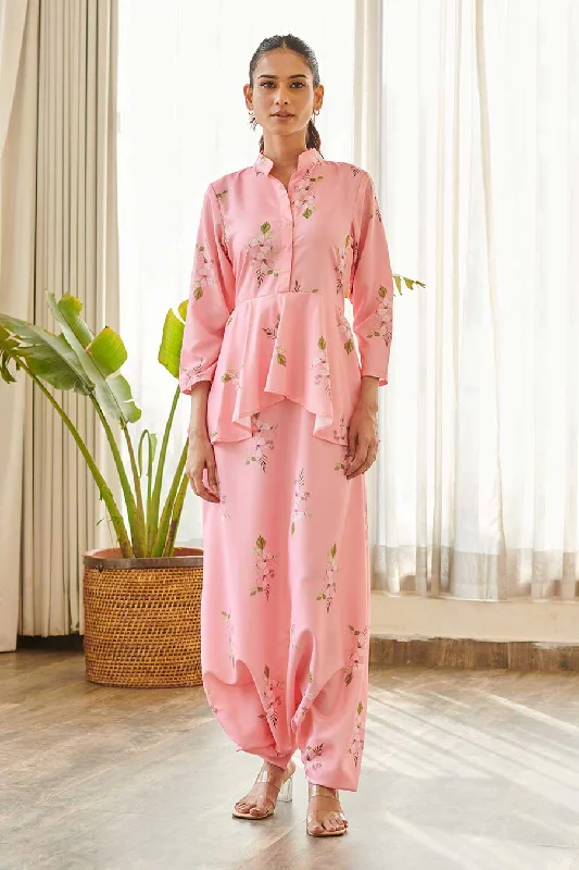 Pink Floral Print Peplum Dhoti Jumpsuit Attire Sale