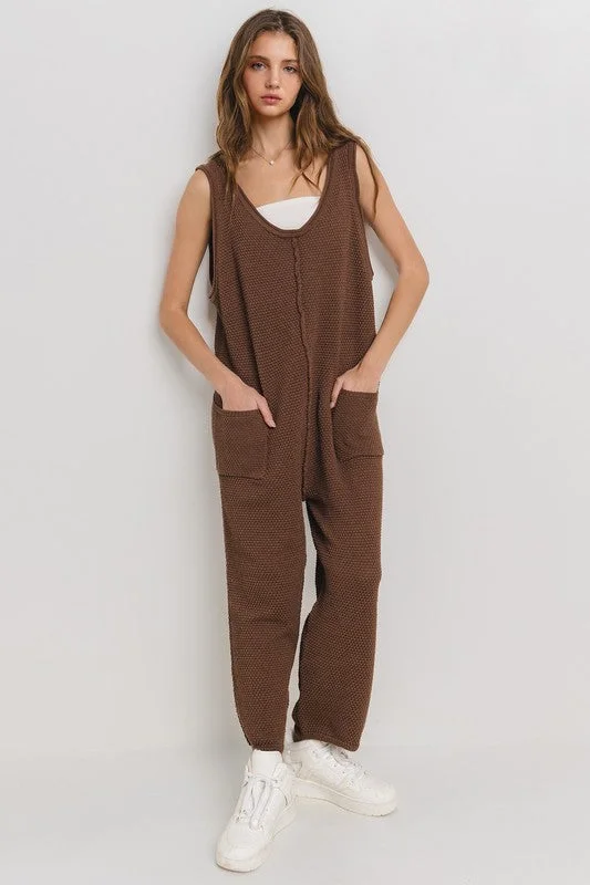 BROWN TEXTURED KNIT DETAILED SWEATER JUMPSUIT CFBIC60900 Effortless Chic Apparel