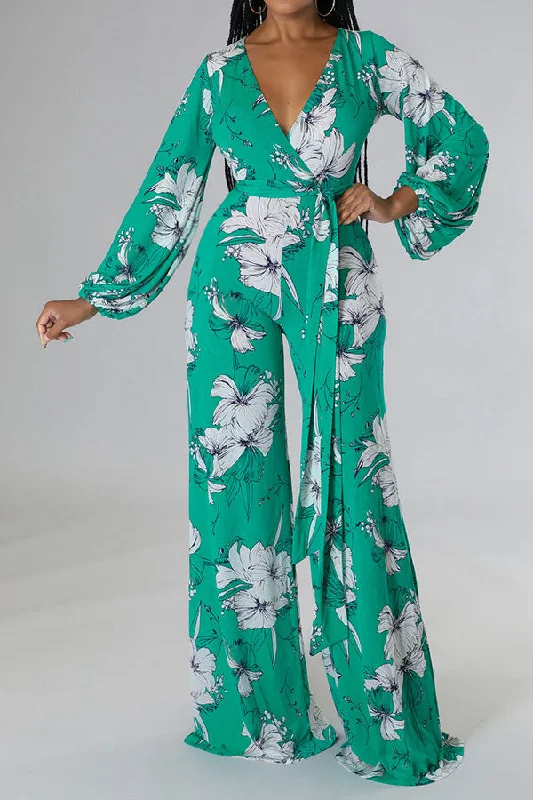 Floral Print Plunging Glamorous Belted Jumpsuit Stylish Savings