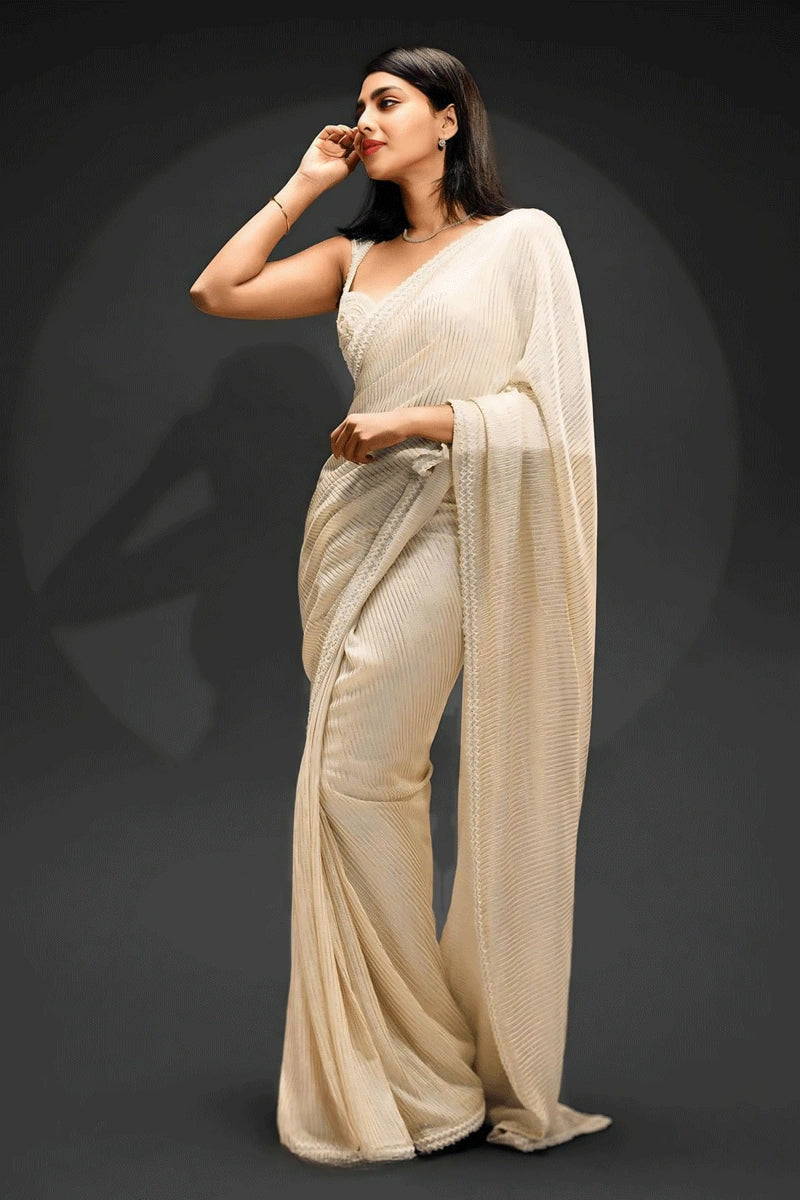 Off White Colour Embroidery Sequence Work Saree For Girls Athleisure Wear Promotion