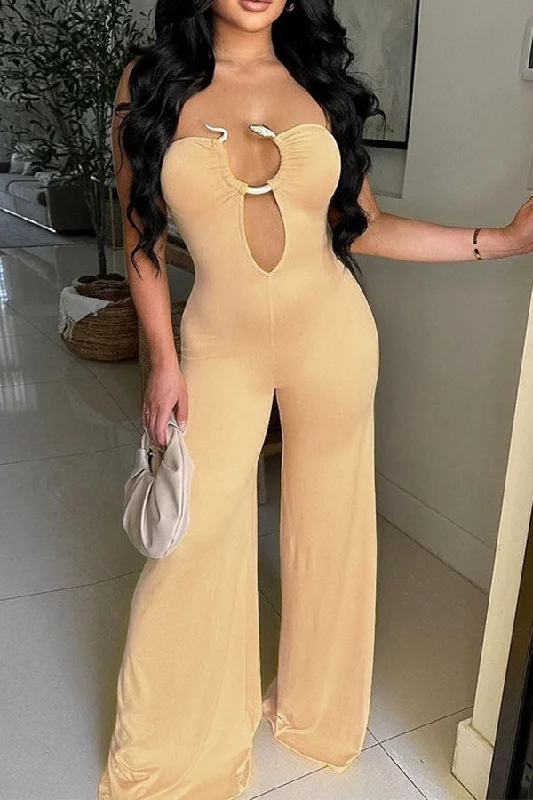 Solid Color Strapless Feminine Metal Decor Cutout Jumpsuit Final Clearance