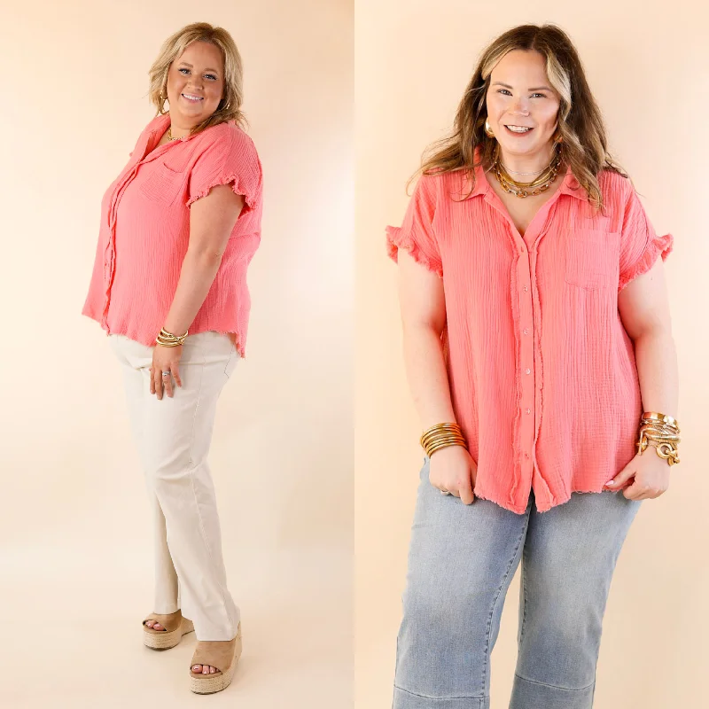 Right On Cue Button Up Raw Hem Top in Coral Pink Special Offers