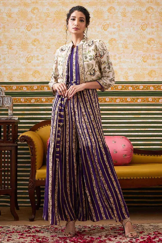 Purple & Beige Mehr Printed Jumpsuit with Jacket Set Innovate Your Wardrobe