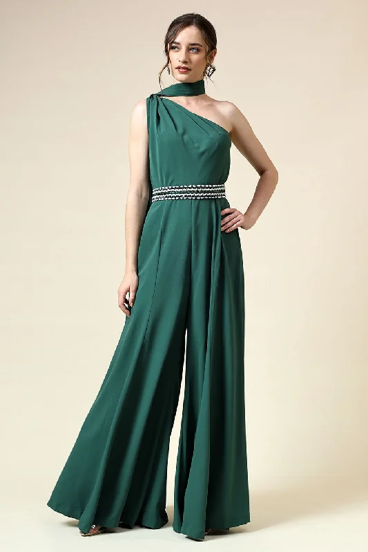 Botle Green Draped Jumpsuit With Embellished Belt Winter Warm - Up Sale