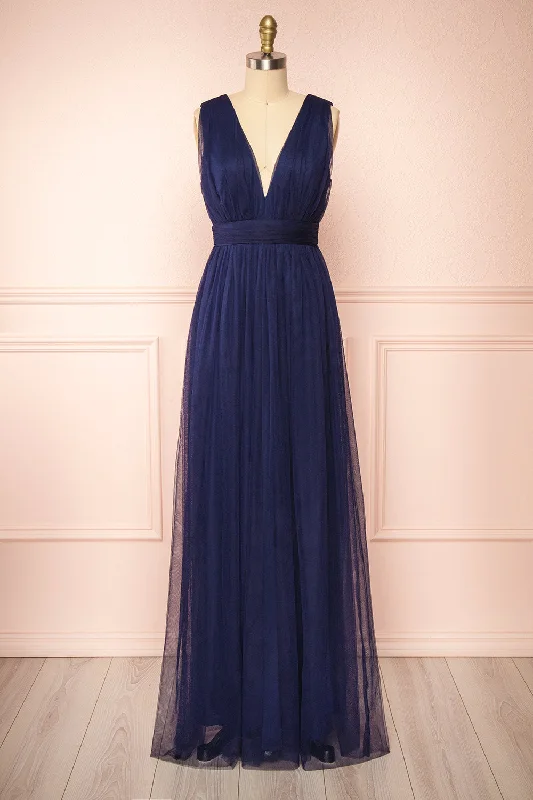 Samina Navy | Tulle Maxi Dress w/ Plunging Neckline Limited Styles