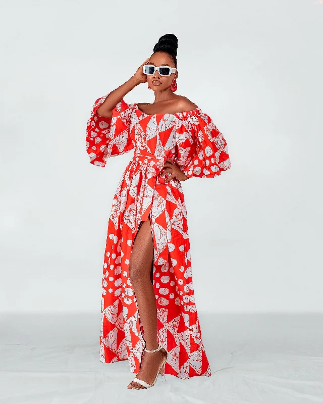 Tori Ankara Off shoulder Maxi Dress | Red and White African Print Everyday Basics