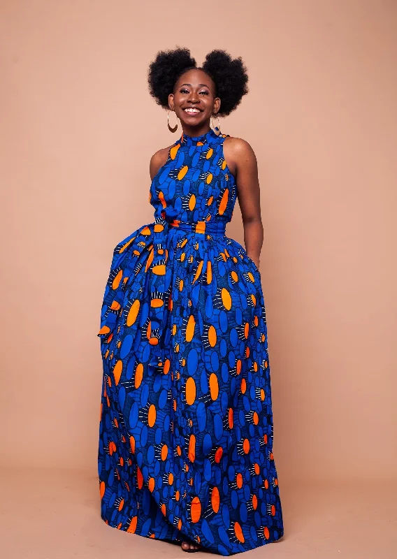 Aubrie Ankara Maxi Dress | Blue and Orange African Print End Of Month Blowout