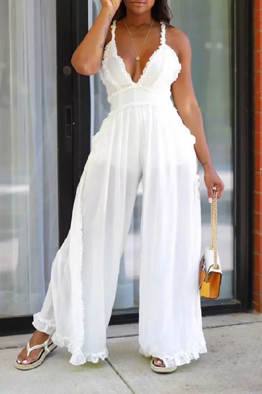 Solid Color Stringy Selvedge Feminine Side Slit Wide Leg Jumpsuit Relaxed Style