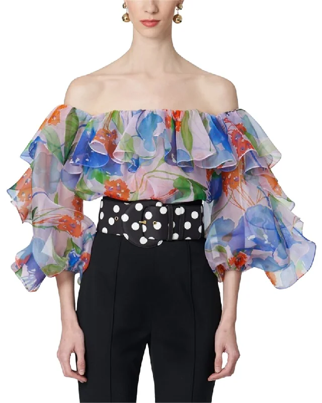 Carolina Herrera Off-Shoulder Ruffle Balloon Sleeve Silk Top Special Offers