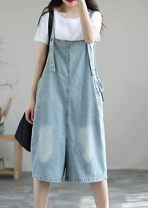 Light Blue Retro Loose Pockets Summer Denim Jumpsuit Shorts Limited - Time Bundle