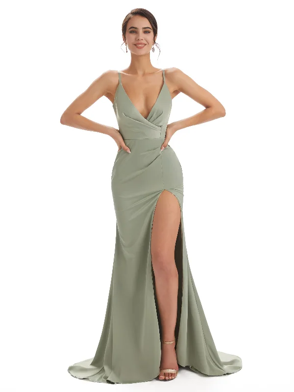 Sexy Side Slit Spaghetti Straps V-neck Long Mermaid Satin Womens Wedding Guest Dresses Summer Essentials