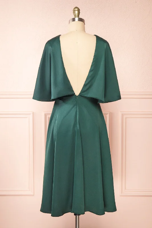 Tordis Green | Satin Midi Dress w/ Bell Sleeves Spring Fashion