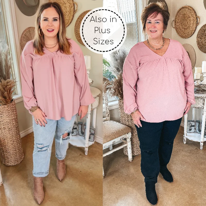 Office Feels Long Sleeve V Neck Babydoll Top in Dusty Pink Fashion Forward