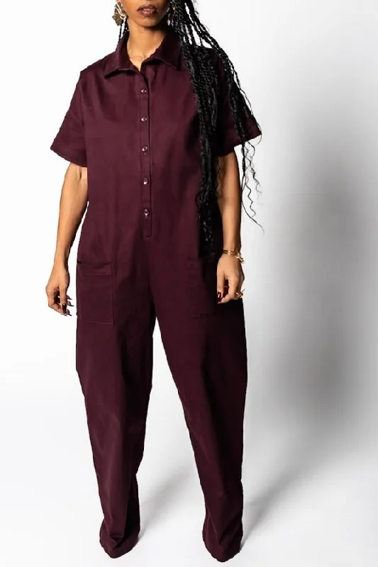 Solid Color Short Sleeve Button Thru Relaxed Jumpsuit Exclusive Sale