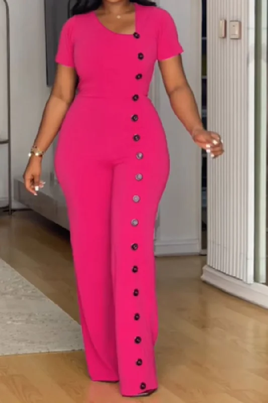 Hit Color Button Decor Modern Wide Leg Jumpsuit Latest Trends