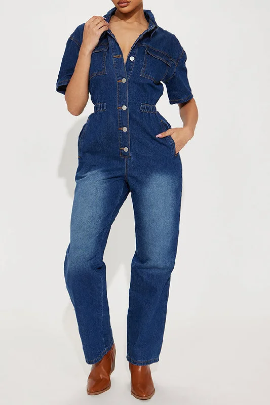 Gradient Denim Boyish Pocket Button Jumpsuit Luxury Fashion for Women