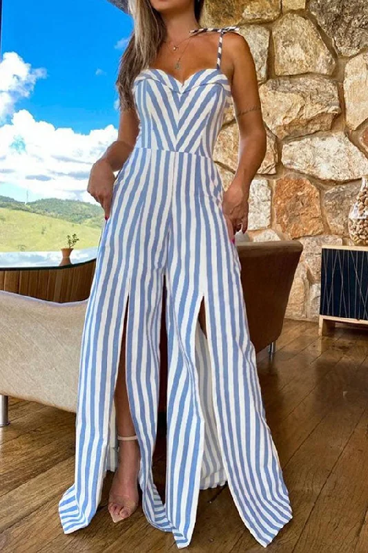 Striped Unusual High Split Lace-Up Jumpsuit Classic Women's Fashion