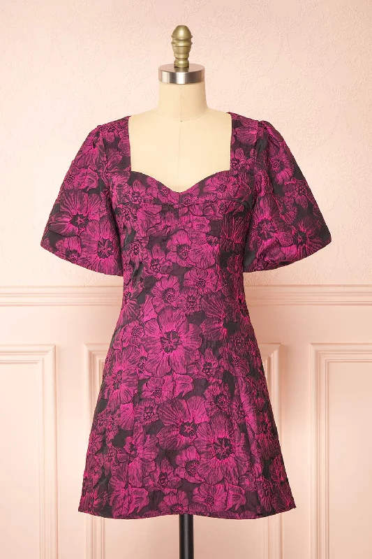 Avalora | Short Black Floral Dress w/ Puffy Sleeves Seasonal Trends