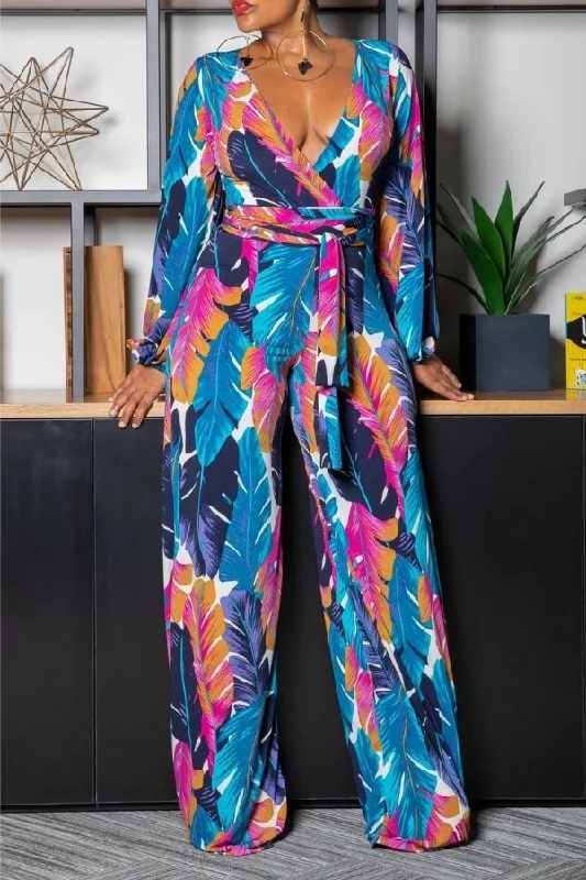 Colorful Leaf Print Tropical V Neck Lace-Up Jumpsuit Limited - Time Bundle