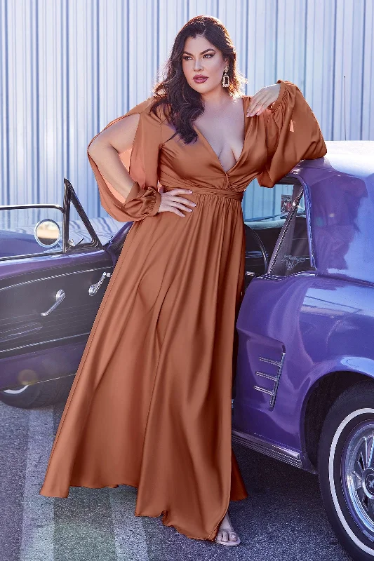 Cinderella Divine 7475C Plus Size Formal Long Sleeve Satin Dress Summer Fashion