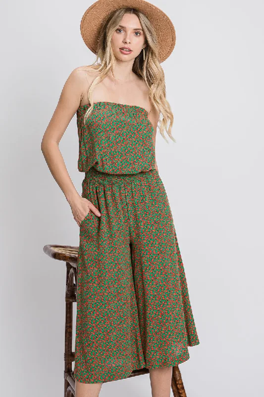 GREEN FLORAL STRAPLESS SIDE POCKETS JUMPSUIT SOIN2022R New Styles Just In