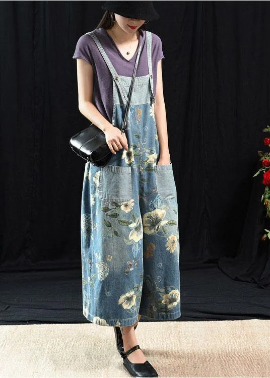 Light Blue Retro Loose Print Summer Pockets Denim Jumpsuit Sustainable Fashion Extravaganza