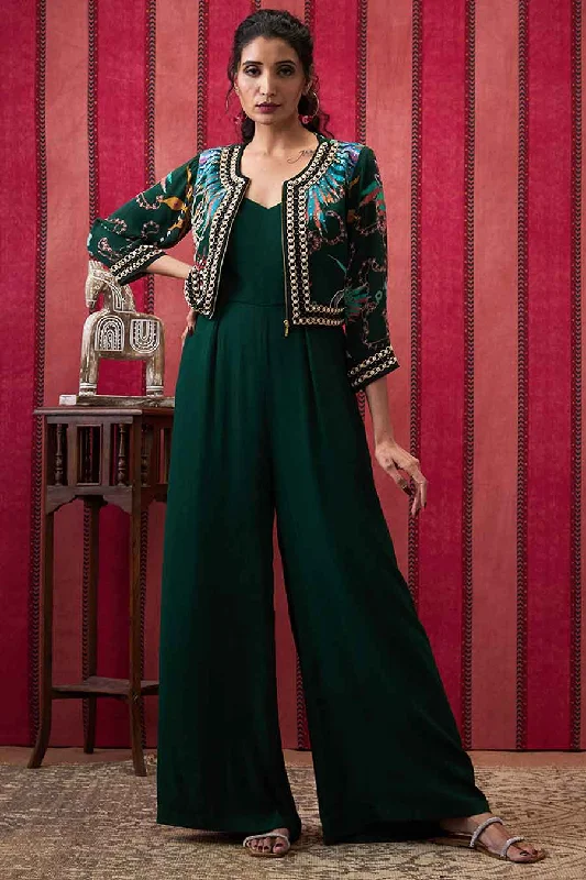 Bottle Green Aisha Jumpsuit with Embroidered Jacket Ride The Style Wave