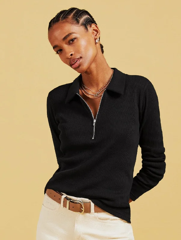 Organic Cotton Zip Collar Top | Black Versatile Style Wardrobe