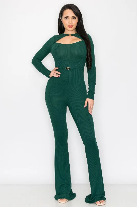 HUNTER GREEN BLUSH RIB BUCKLE WAIST DETAILED JUMPSUIT SP9792J Limited Stock, Big Sale