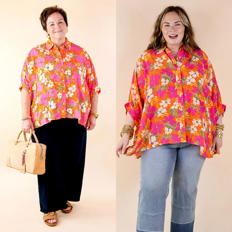 Bright Lifestyle Button Up Half Sleeve Floral Poncho Top in Orange Mix From Casual To Classy