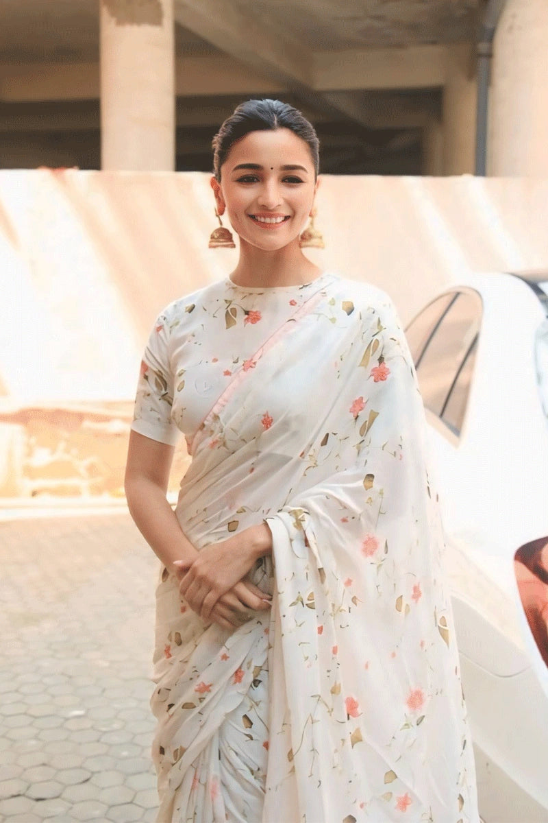 Pure Linen Alia Bhatt White Saree For Durga Puja Crazy Discounts, Hurry Up