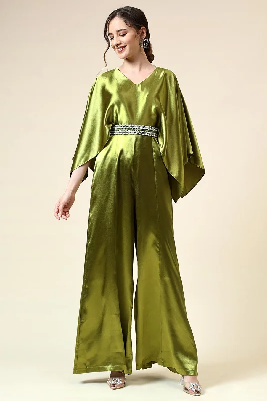 Metallic Green Jumpsuit With Embellished Belt Flash Deals