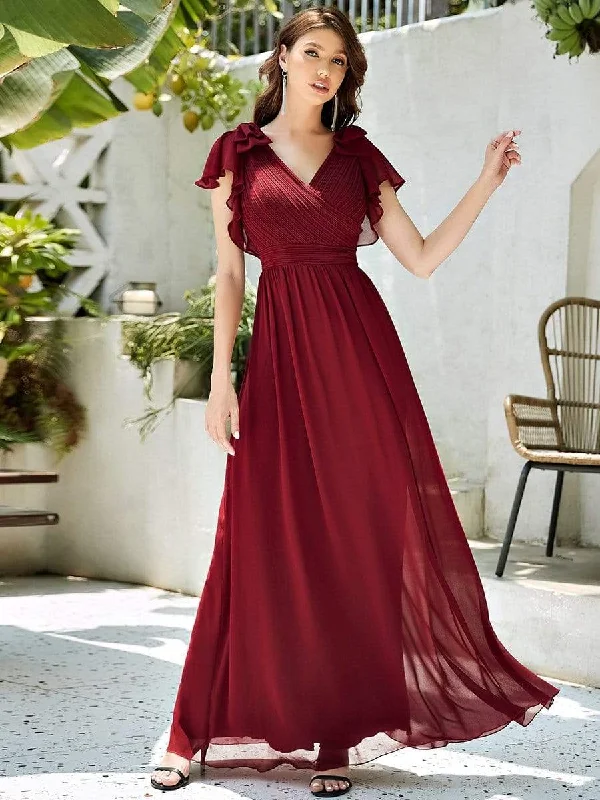 Ada | Elegant Pleated Bodice Ruffles Sleeves Chiffon Evening Dress Browse Our Top Products