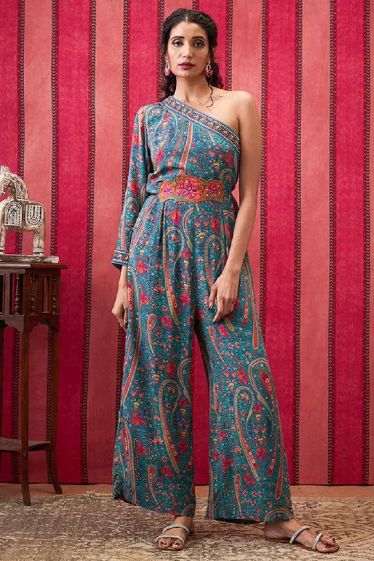 Teal Blue Qala Printed One-Shoulder Jumpsuit Casual Yet Stylish Separates