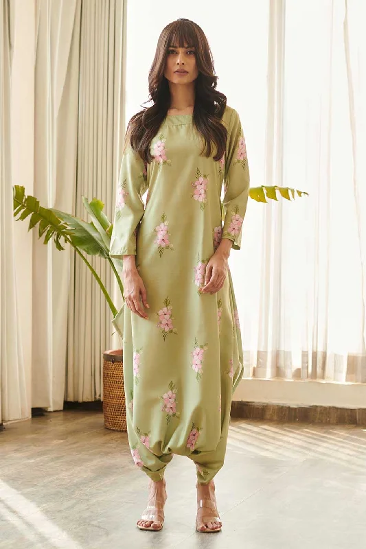 Pickle Green Floral Printed Dhoti Jumpsuit Evening Elegance