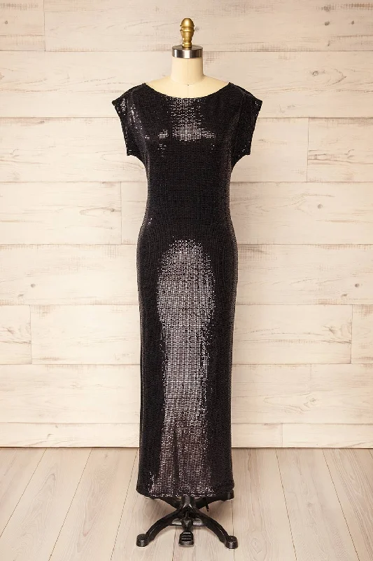 Seralie | Black Sequin Maxi Dress w/ Slit Relaxed Style